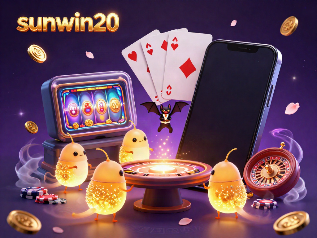 Players winning at sunwin20 in a whimsical 3D casino with glowing characters and vibrant game elements.