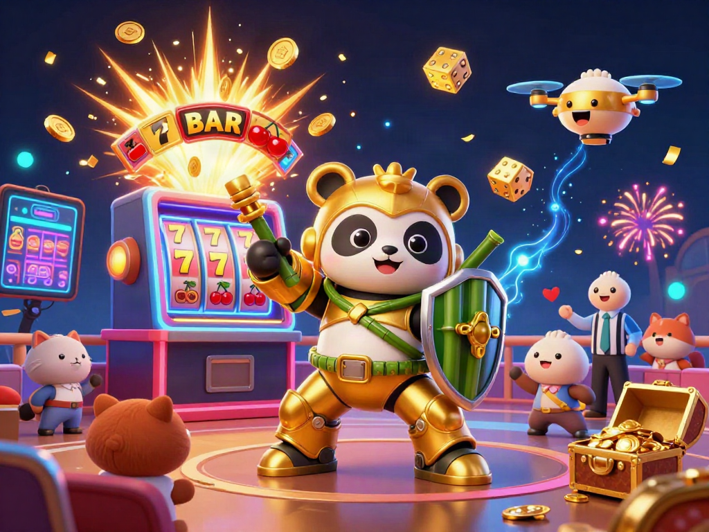 Experience exciting slot action with a golden panda and vibrant casino symbols in a 3D illustration