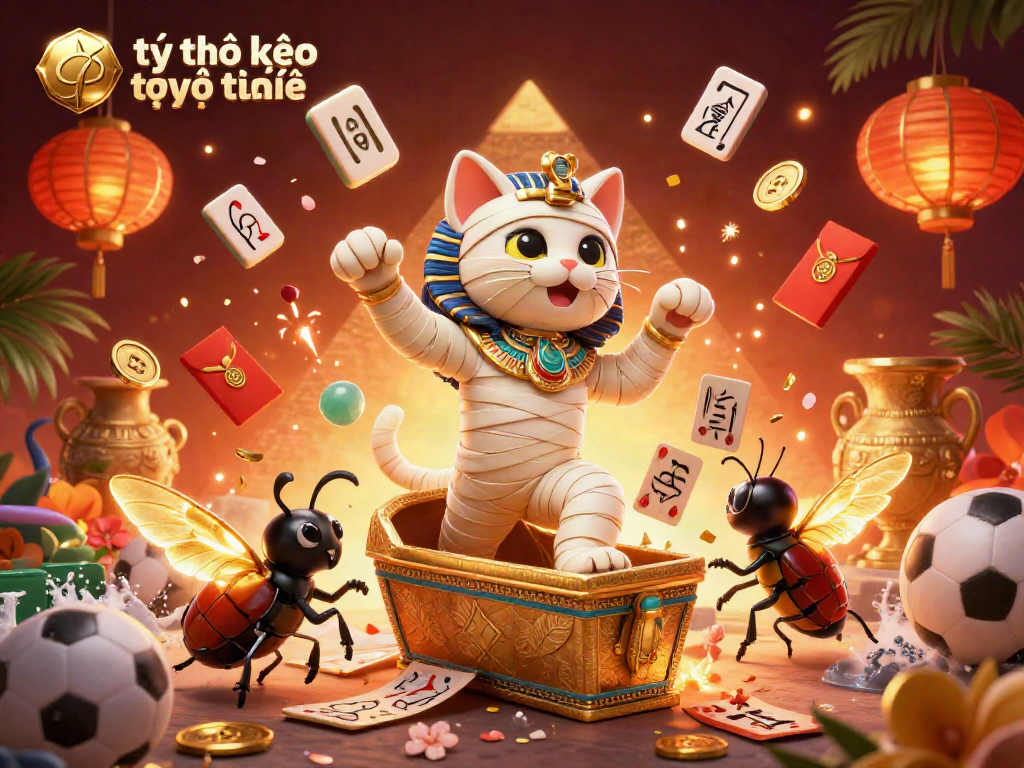 Bet on tỷ lệ kèo trực tuyến with vibrant scene featuring a mummy cat and sports betting elements.
