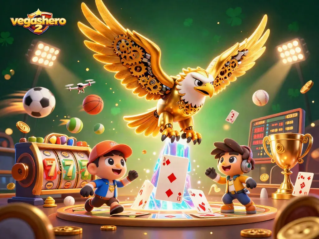 Experience the thrill of vegashero 2 with a stunning 3D casino illustration featuring golden eagle action and vibrant game elements.
