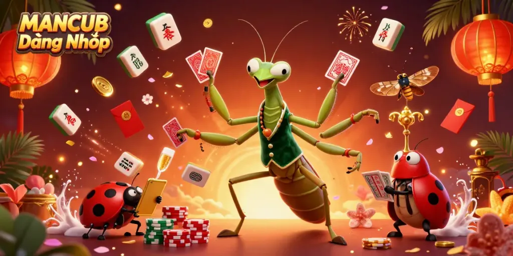 Engage with MANCUB Đăng Nhập featuring a 3D cartoon mantis card sharp and lively gaming elements, delivering a vibrant casino atmosphere.