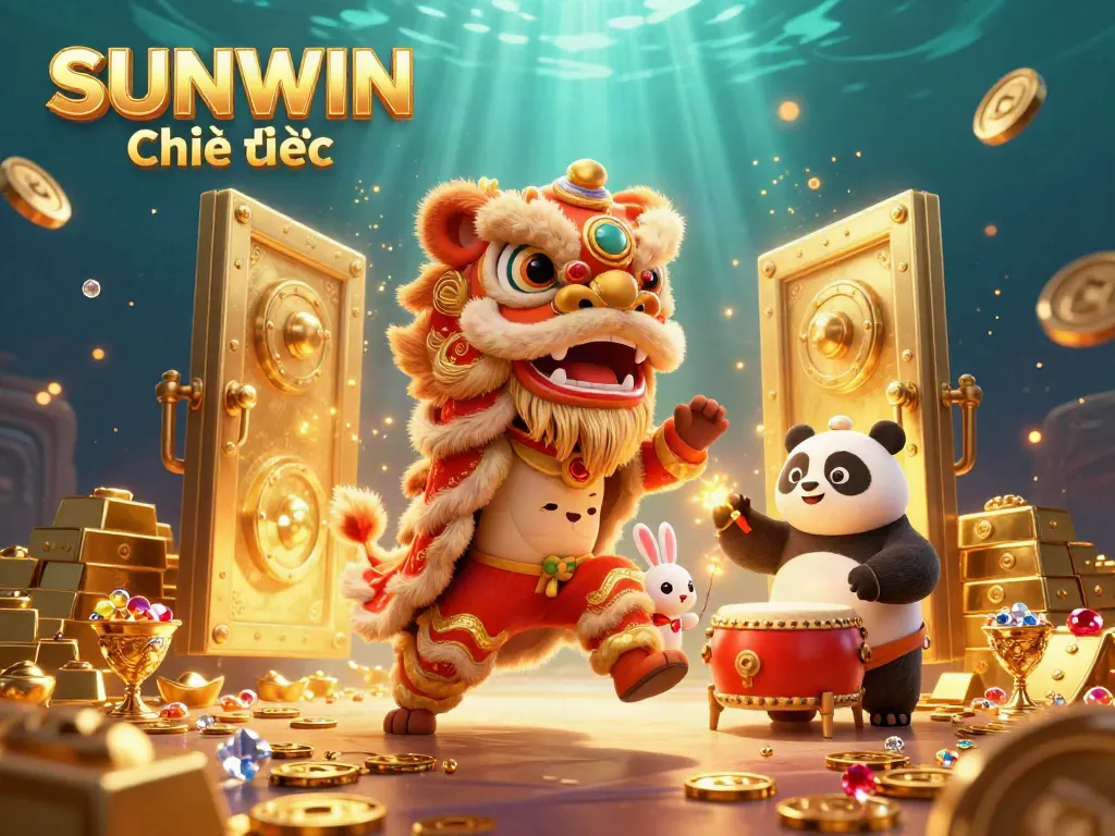 SUNWIN Chính thức showcases a vibrant casino scene featuring a lion dance, panda drumming, and colorful treasures.
