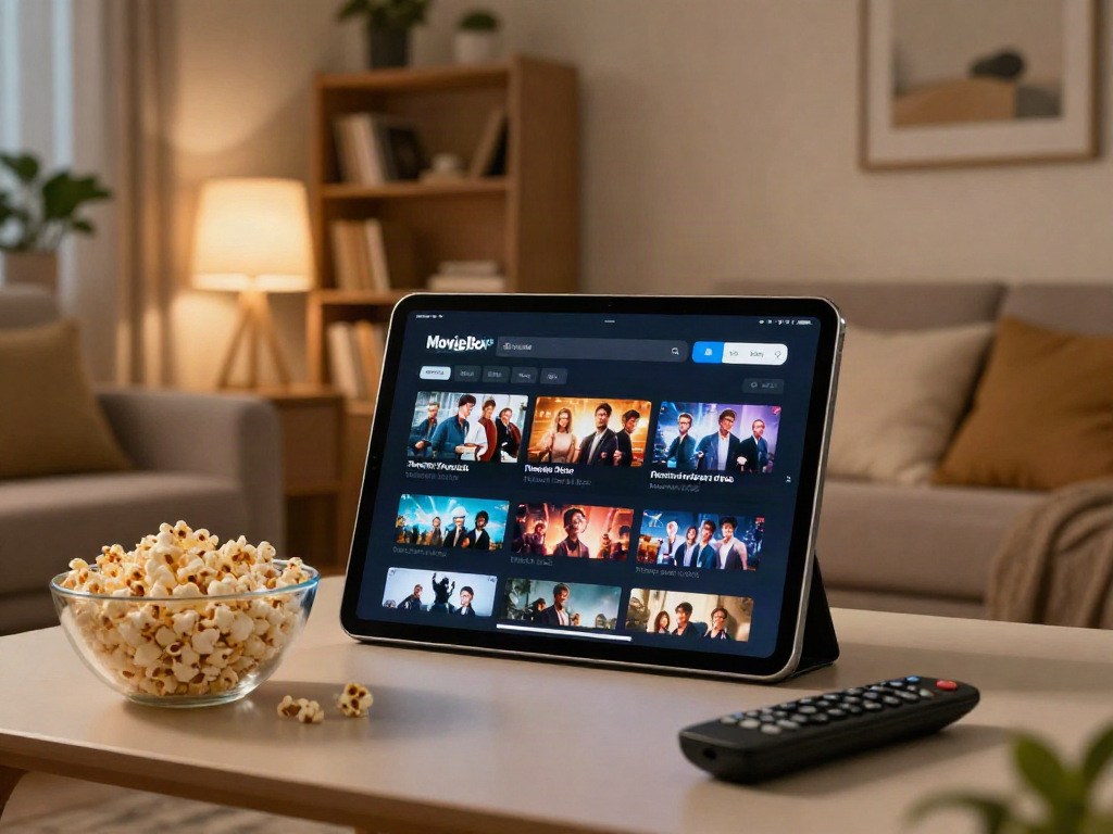 Enjoying moviebox for ios on a cozy night with popcorn and an iPad.