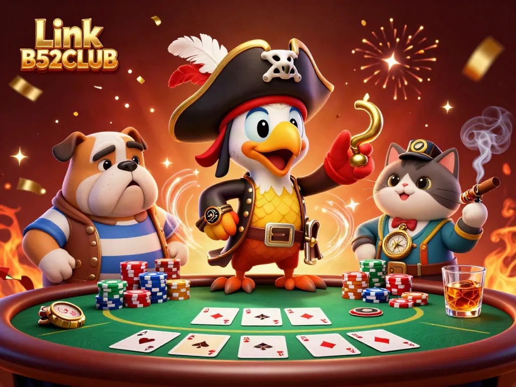 Engaging scene of Link B52CLUB showcasing a pirate crew strategizing at a poker table, vibrant festive backdrop.
