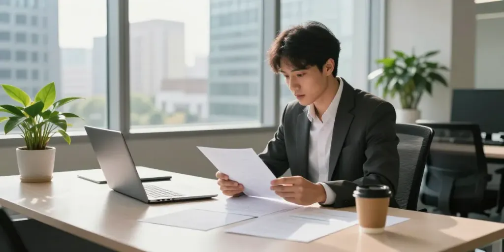 Engaging young professional analyzing financial documents at a modern desk in Edmonton, reflecting the benefits of quick loans from https://edmonton.paydayloans-on.ca/.
