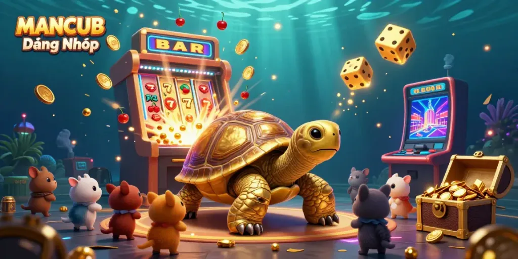 MANCUB Đăng Nhập illustration showing a golden tortoise as a pinball machine with lively casino elements, celebrating a jackpot.