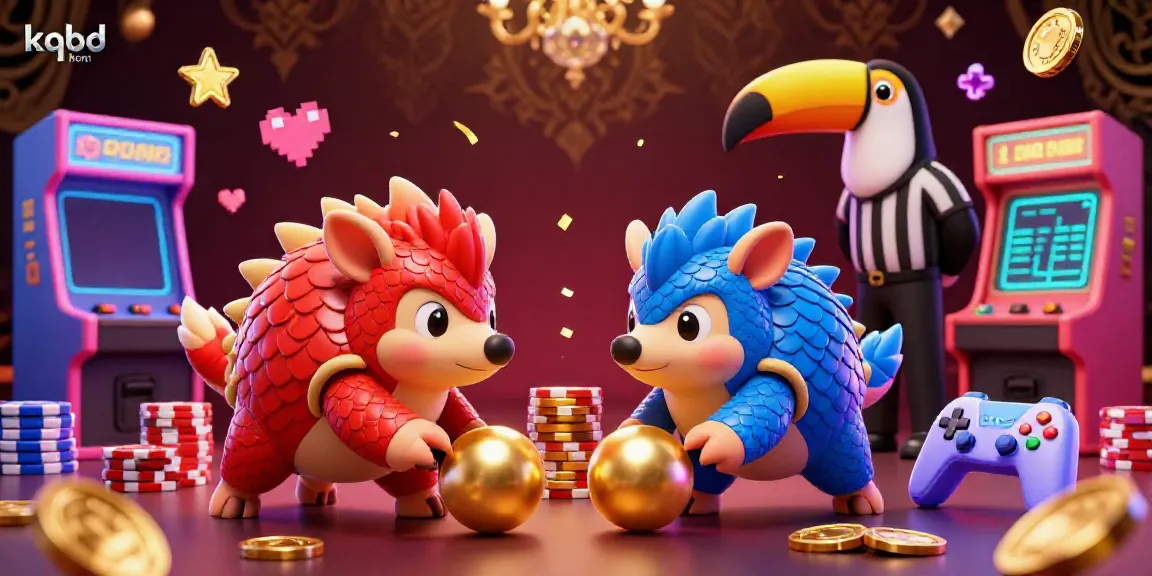 Engaging scene of kqbd hom showcasing rival pangolins in an exciting bowling game amid golden poker chips and vibrant arcade machines.