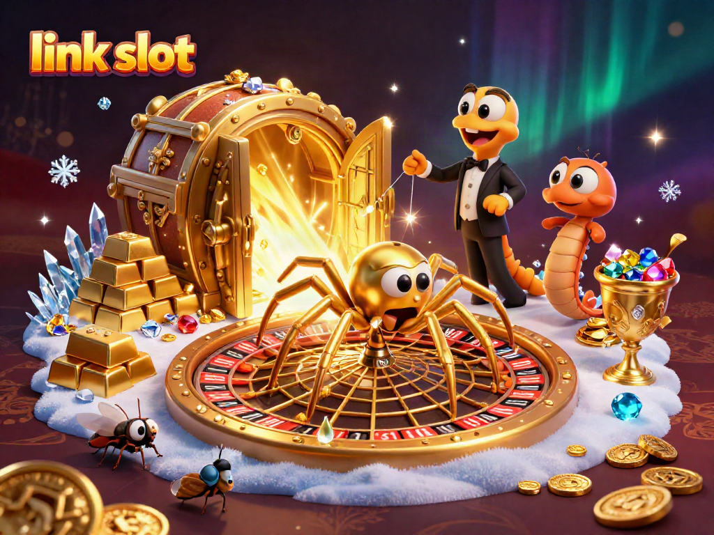 Experience excitement with the link slot as a golden spider spins a winning web of riches in this vivid casino scene.