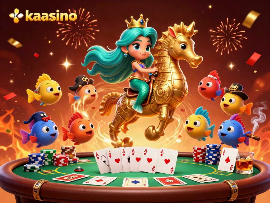 Play exciting games at kaasino with vibrant mermaid, seahorse, and casino elements.