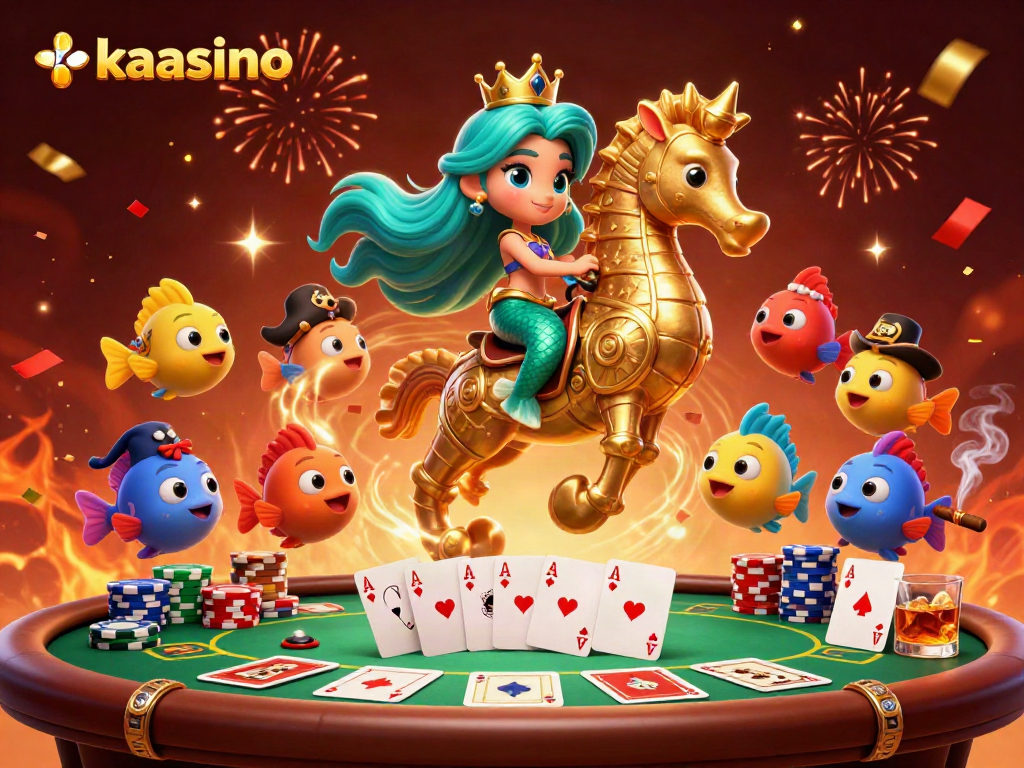 Play exciting games at kaasino with vibrant mermaid, seahorse, and casino elements.