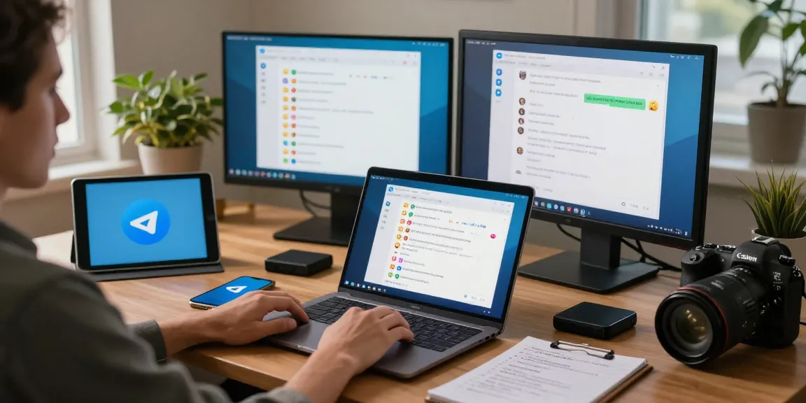 Download Telegram on sleek laptop in a cozy home office setup.