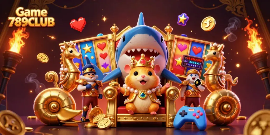 Experience the thrill of Game 789CLUB with the golden hamster king amidst slot machine excitement.