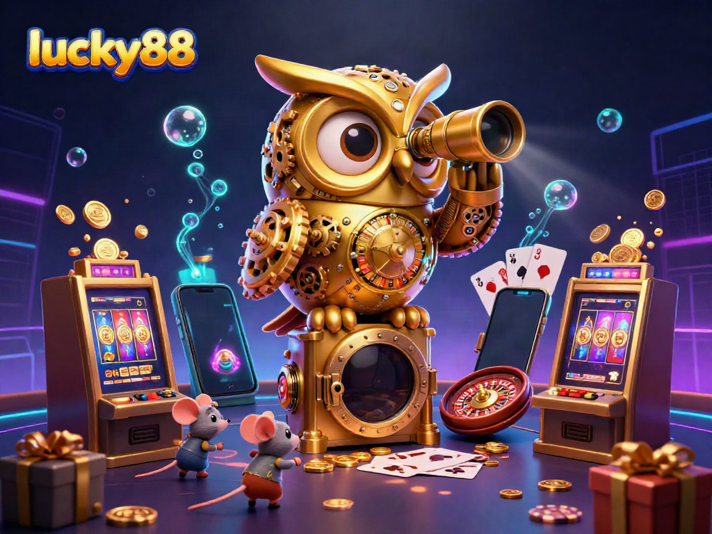 Immerse in lucky88’s golden casino atmosphere filled with vibrant slot games and animated characters.