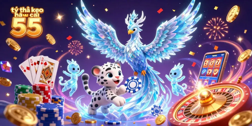 Experience explosive gaming action with tỷ lệ kèo nhà cái 55 illustrated in a vivid fantasy casino scene.