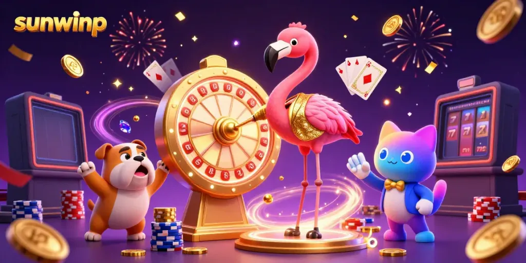 Experience thrilling gaming action at sunwinp with a festive casino scene filled with golden prizes and excitement.