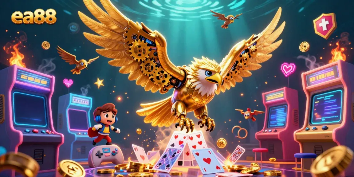 Experience exciting gameplay at ea88 with a vibrant casino scene featuring a golden eagle flying among playing cards.