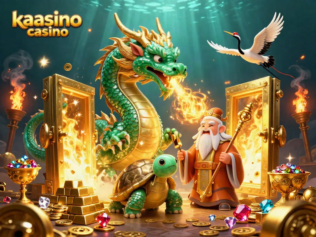 Engage with the magical world of kaasino casino featuring a dragon, turtle sage, and cranes amidst treasures.