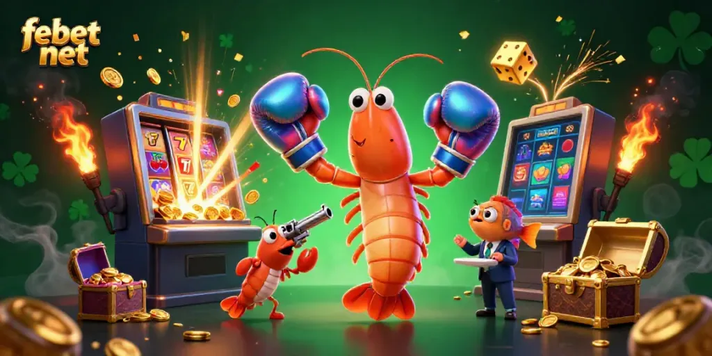 Engage with febet net's exciting casino games in an energetic 3D cartoon scene filled with slot machines and vibrant characters!