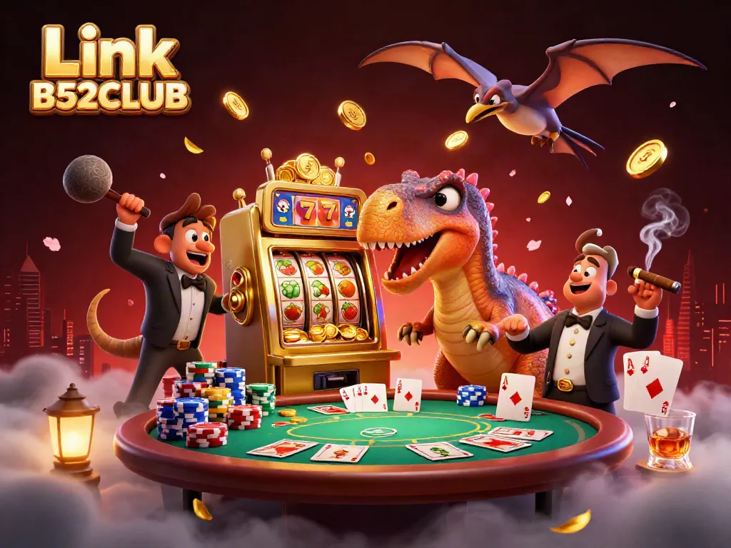 Link B52CLUB jackpot scene with cartoon dinosaurs and casino elements in vibrant 3D.