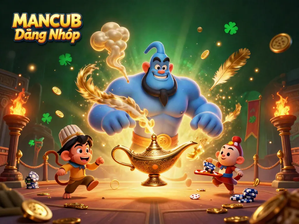 Join the excitement at MANCUB Đăng Nhập with vibrant casino-themed 3D art featuring dynamic characters and rich game elements.