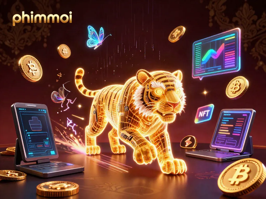 Engage in thrilling gameplay with phimmoi's dynamic casino landscape showcasing a golden tiger amidst crypto elements.