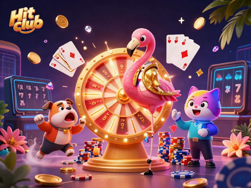 Hit club features a 3D flamingo host and bulldog contestant in a vibrant casino scene.