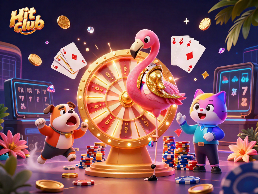 Hit club features a 3D flamingo host and bulldog contestant in a vibrant casino scene.