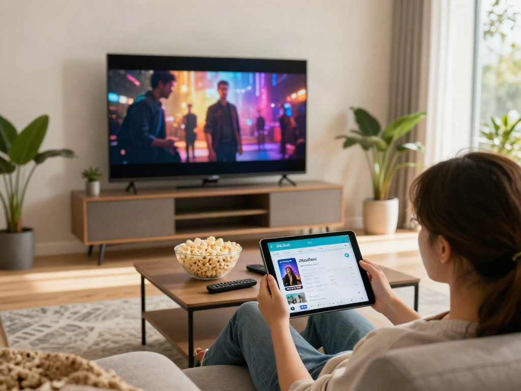 A cozy living room showcasing a user exploring the pikashow app on a tablet, surrounded by inviting decor and natural light.