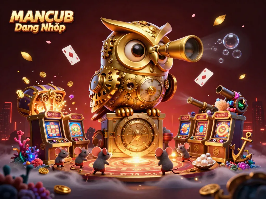 MANCUB Đăng Nhập players experience excitement in a vibrant casino scene with whimsical characters and treasures.