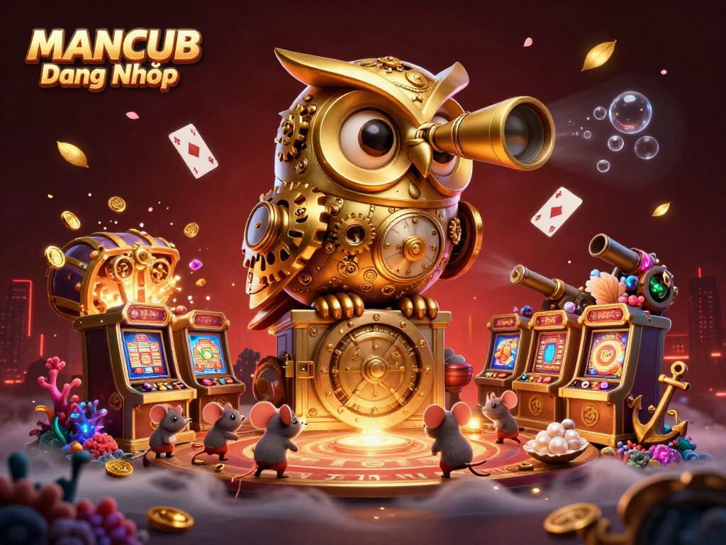 MANCUB Đăng Nhập players experience excitement in a vibrant casino scene with whimsical characters and treasures.