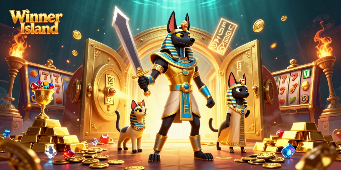 Engage with the vibrant Winner Island casino scene featuring Anubis and Bastet, adorned with jewels and gold.