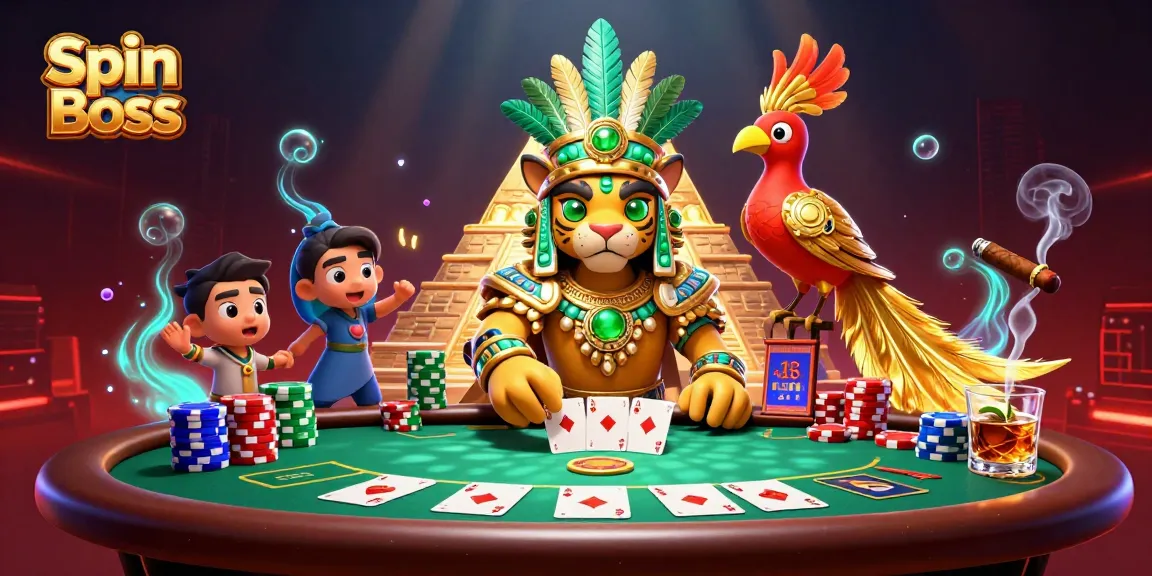 Experience the thrill of Spin Boss with vibrant casino elements, including a dazzling poker scene.