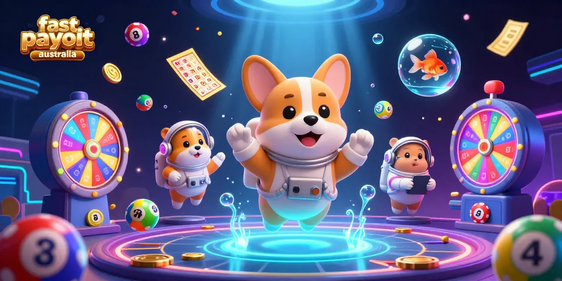 Experience fast payout casinos in Australia with a vibrant 3D illustration of an astronaut corgi in a space-themed casino.