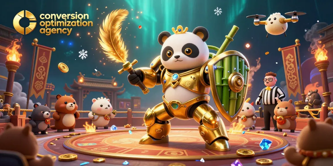 A dynamic scene showcasing a mech-suit panda piloting a robot in a lively casino arena, exemplifying the conversion optimization agency.