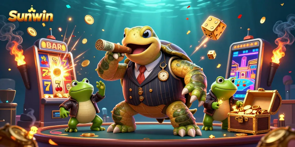 Experience the thrill of Sunwin with a dazzling 3D casino illustration featuring a stylish snapping turtle and exciting game elements.