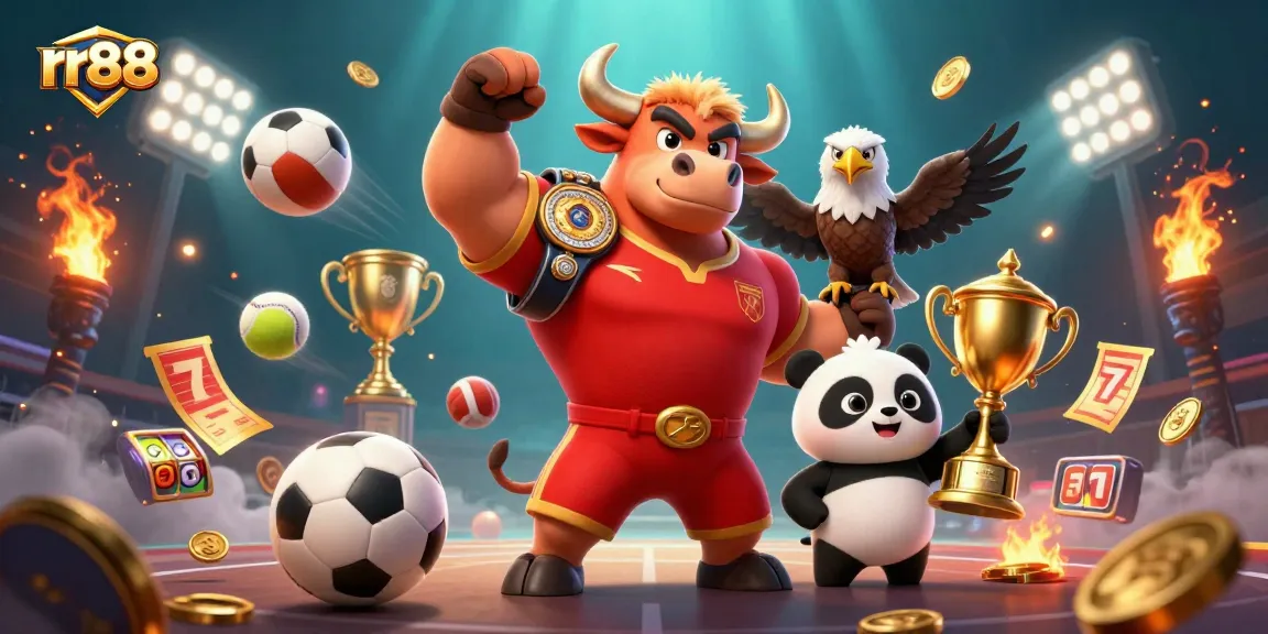Experience thrilling gameplay with rr88, as a bull mascot celebrates while sports elements surround in an online casino setting.