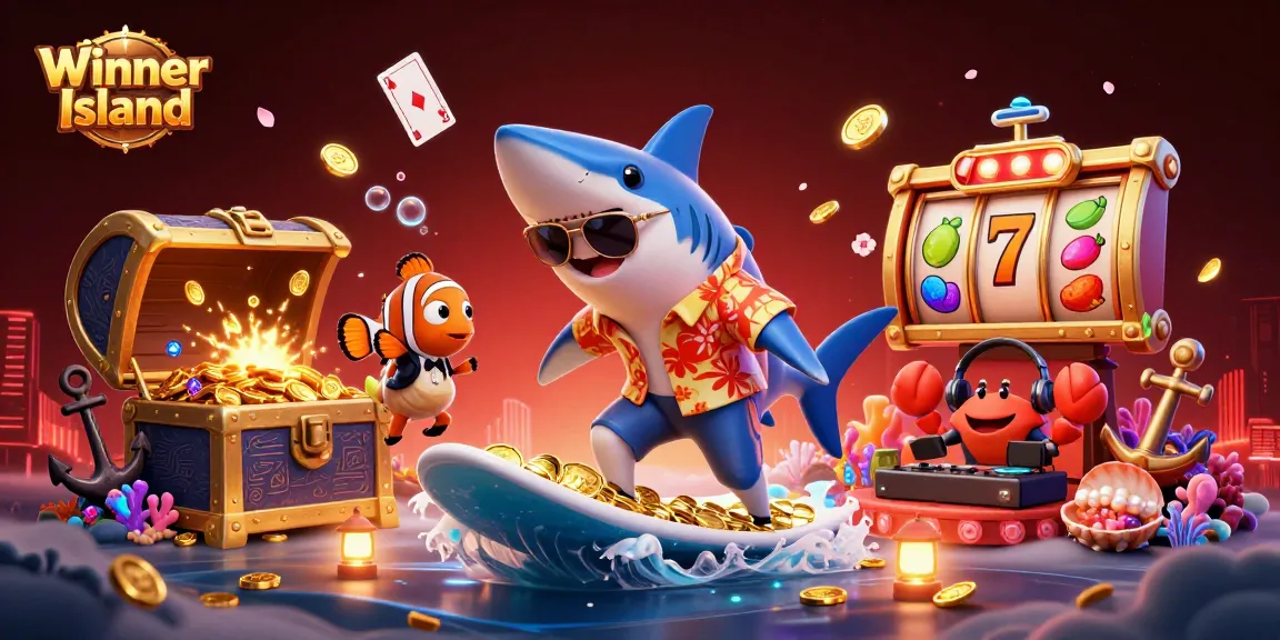 Winning big at Winner Island with a vibrant scene of a shark, clownfish, and crab DJ surrounded by casino elements.