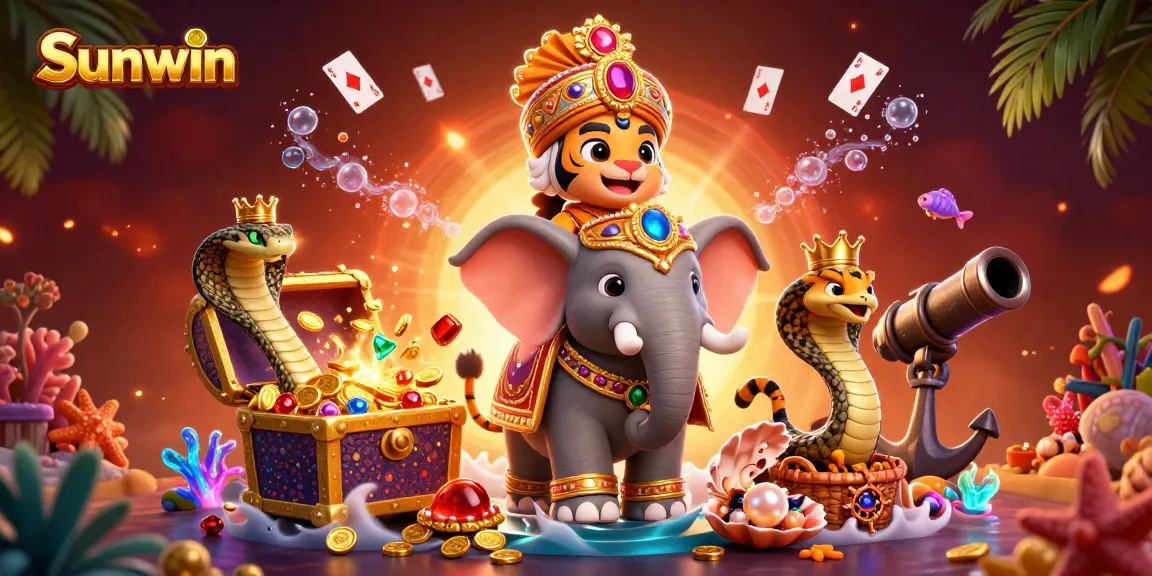 Experience the thrill of Sunwin with a vibrant 3D illustration featuring gaming elements and majestic characters.