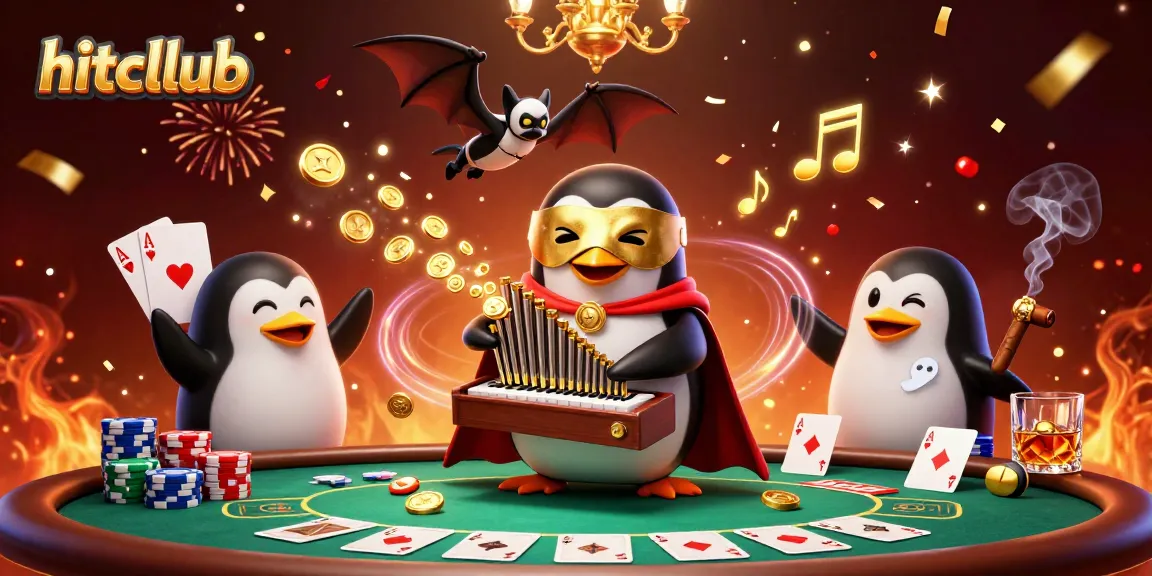Hitcllub showcases a vibrant casino scene where a penguin plays while coins fly, capturing the excitement of gaming.